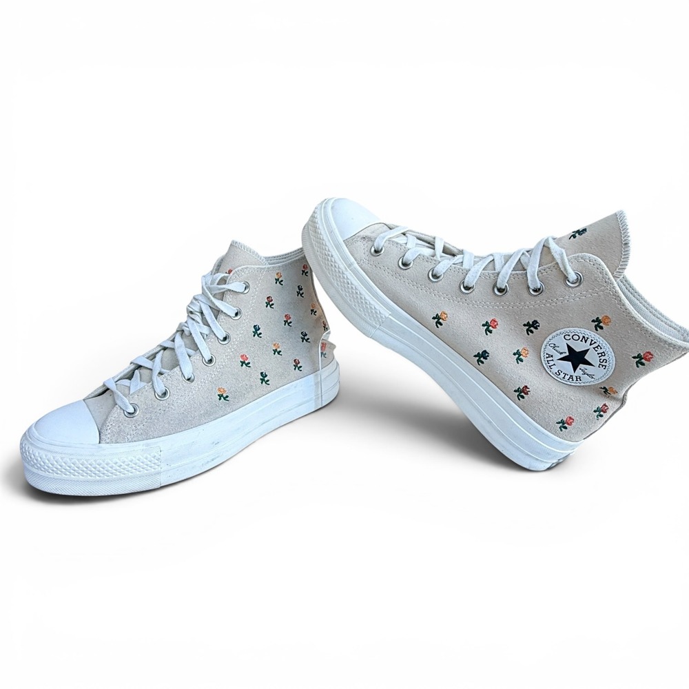 Converse Chuck Taylor All Star Lift Hi Platform Suede Floral Rose Sneakers Beige - Picture 11 of 16